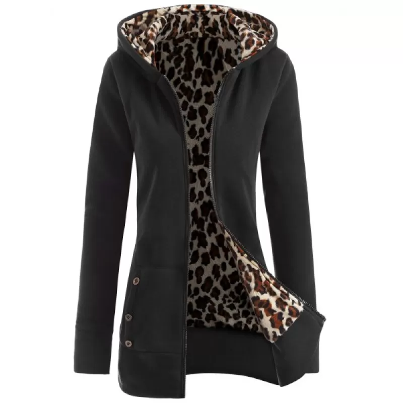 Zipper Fly Thicken Leopard Pattern Hoodie - Black Grey