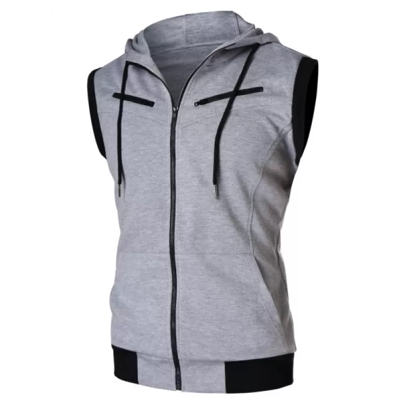 Zipper Sleeveless Hooded Tank Top - Gray